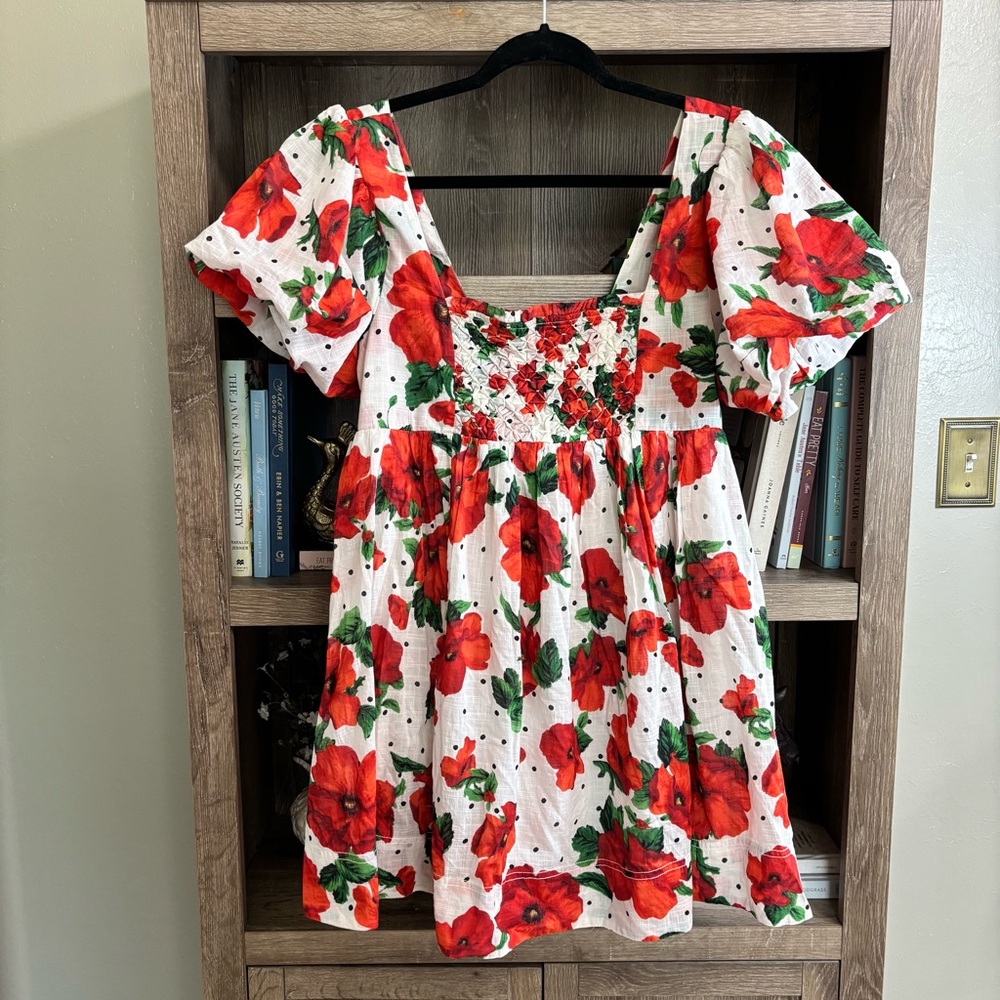 {Maeve} Anthropologie Square Neck Smocked Floral Babydoll Dress, Size MP